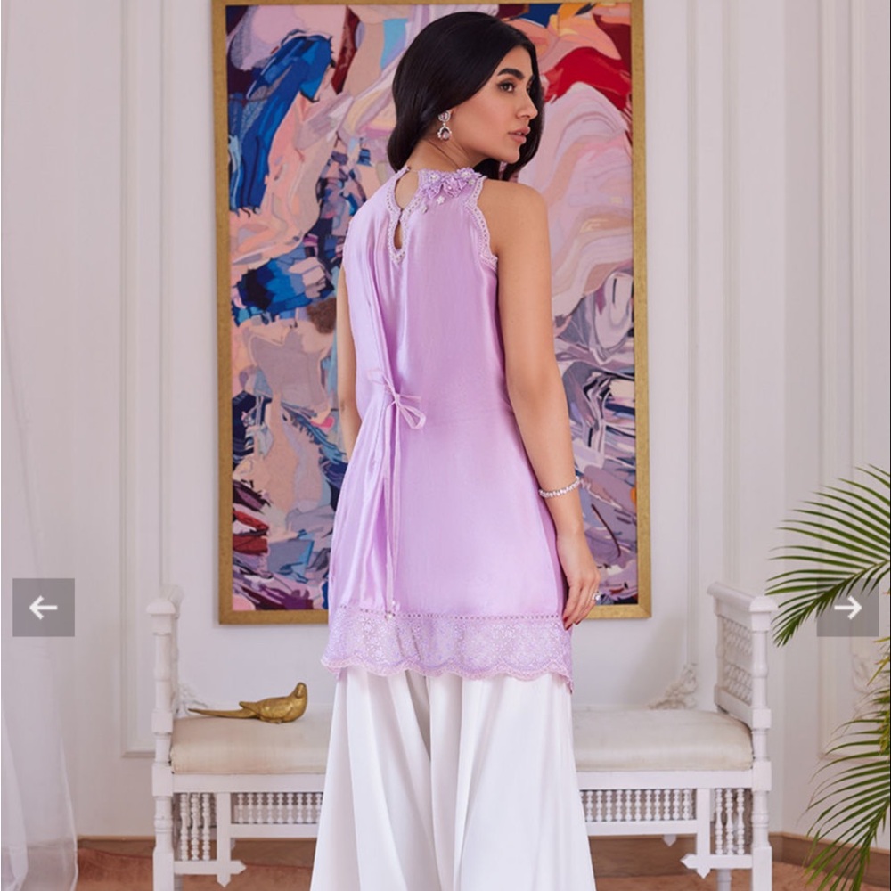 Farah Talib Aziz Pakistani Indian Lavender Raw Silk Wrap Shirt With Sleeves - Picture 5 of 15
